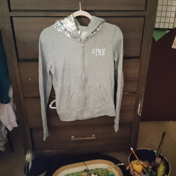 Victoria Secret PINK Gray Sequined Hooded Sweatshirt - RARE Y2K - Picture 3 of 15